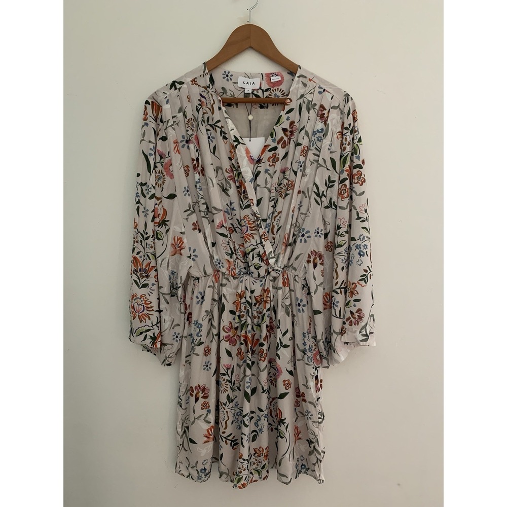 NWT Anthropologie LAIA Dress Sz M Floral Botanical Faux Wrap 3/4 Sleeve Fairy